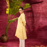 Inaya Lemon Yellow Embroidered Cotton Linen Slub Kurta for Women