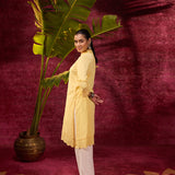 Inaya Lemon Yellow Embroidered Cotton Linen Slub Kurta for Women