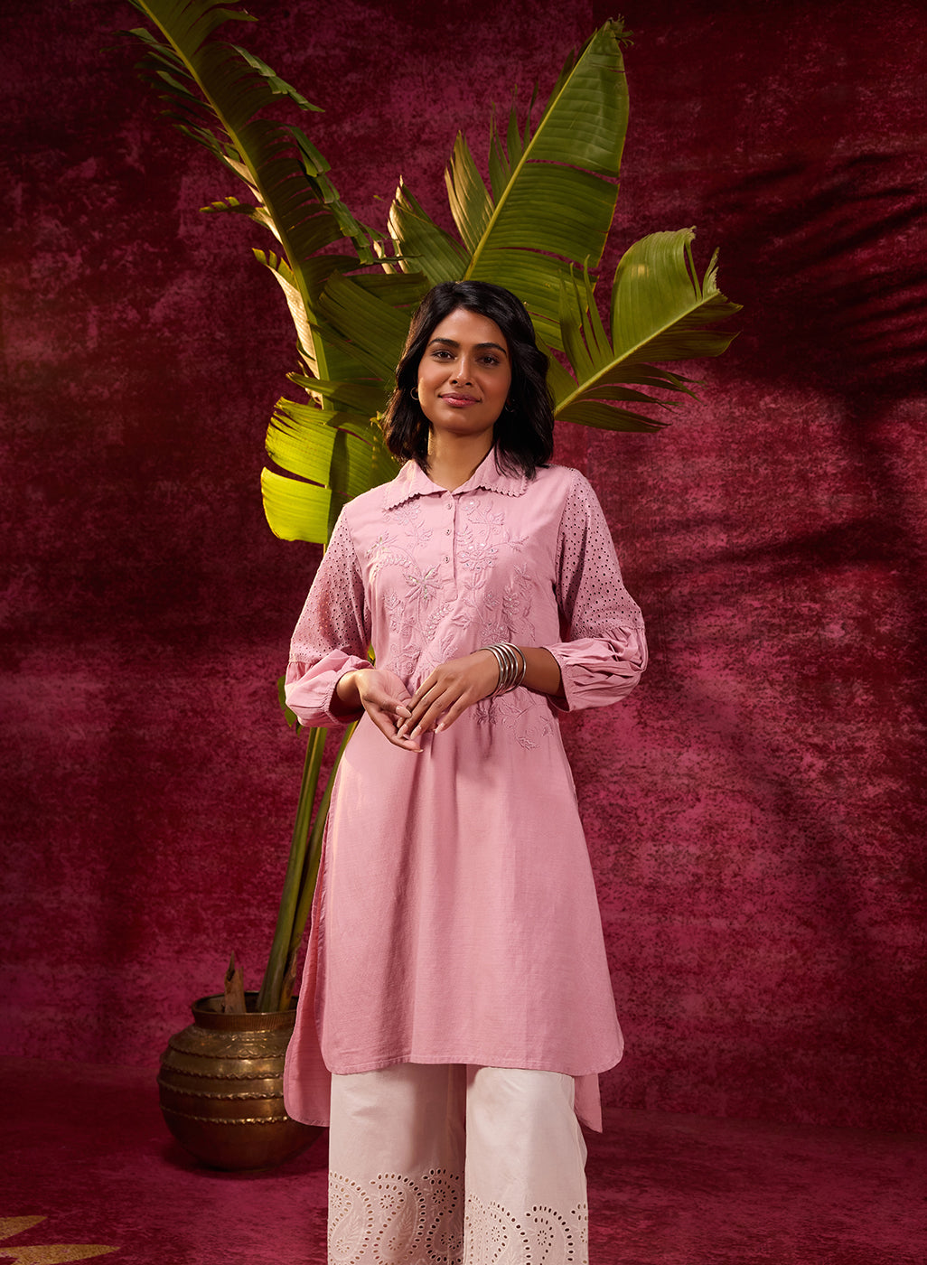 Kyla Basil Rose Pink Embroidered Cotton Linen Tunic for Women – Lakshita