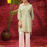 Kyla Basil Green Embroidered Cotton Linen Tunic for Women