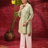 Kyla Basil Green Embroidered Cotton Linen Tunic for Women