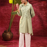 Kyla Basil Green Embroidered Cotton Linen Tunic for Women