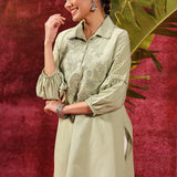 Kyla Basil Green Embroidered Cotton Linen Tunic for Women