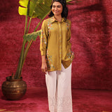 Hania Chartreuse Embroidered Cotton Silk Shirt for Women