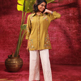 Hania Chartreuse Embroidered Cotton Silk Shirt for Women