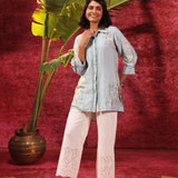 Hania Smokey Blue Embroidered Cotton Silk Shirt for Women