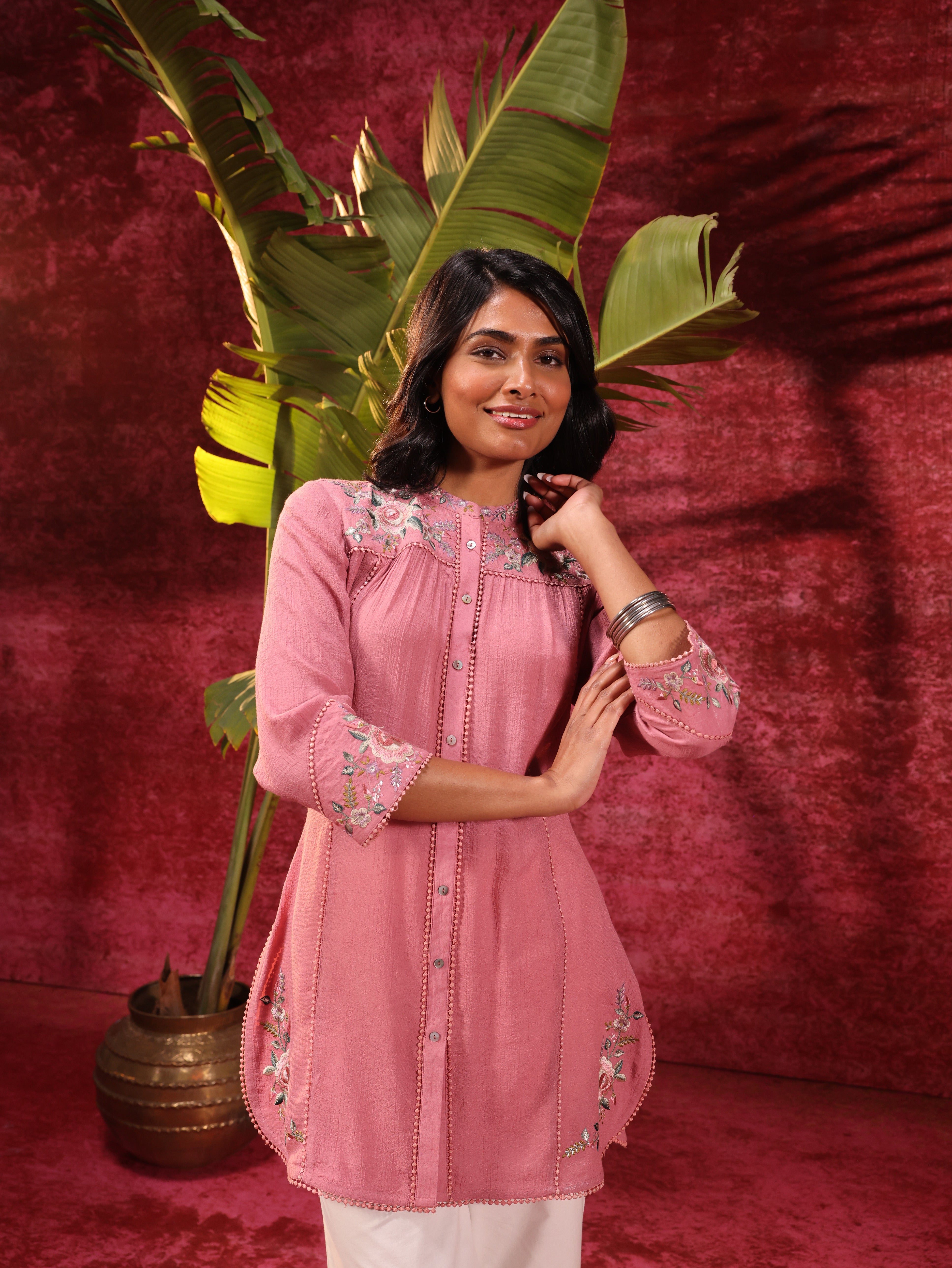 Woman flaunting Mogra Turkish Pink Crinkled Crepe Embroidered Shirt