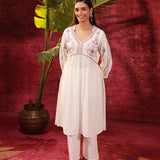 Rose Bud Ivory Embroidered Cotton Jacquard Designer Kurta Set for Women