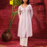 Rose Bud Lavender Embroidered Cotton Jacquard Designer Kurta Set for Women