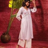 Rose Bud Lavender Embroidered Cotton Jacquard Designer Kurta Set for Women