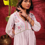 Rose Bud Lavender Embroidered Cotton Jacquard Designer Kurta Set for Women