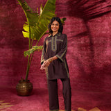 Saanjh Brown Embroidered Cotton Linen Slub Co-ord
Set for Women