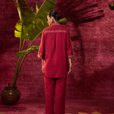 Saanjh Maroon Embroidered Cotton Linen Slub Co-ord
Set for Women