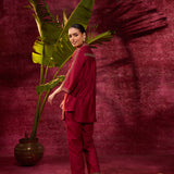 Saanjh Maroon Embroidered Cotton Linen Slub Co-ord
Set for Women