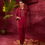 Saanjh Maroon Embroidered Cotton Linen Slub Co-ord
Set for Women