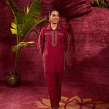 Saanjh Maroon Embroidered Cotton Linen Slub Co-ord
Set for Women