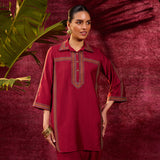 Saanjh Maroon Embroidered Cotton Linen Slub Co-ord
Set for Women