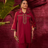 Saanjh Maroon Embroidered Cotton Linen Slub Co-ord
Set for Women