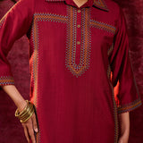 Saanjh Maroon Embroidered Cotton Linen Slub Co-ord
Set for Women