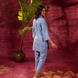 Saanjh Blue Embroidered Cotton Linen Slub Co-ord
Set for Women