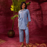 Saanjh Blue Embroidered Cotton Linen Slub Co-ord
Set for Women