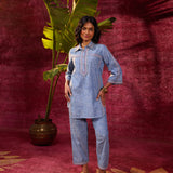 Saanjh Blue Embroidered Cotton Linen Slub Co-ord
Set for Women