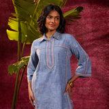 Saanjh Blue Embroidered Cotton Linen Slub Co-ord
Set for Women