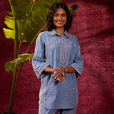 Saanjh Blue Embroidered Cotton Linen Slub Co-ord
Set for Women