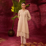 Utsav Beige Embroidered Viscose Linen Kurta for Women