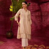 Utsav Beige Embroidered Viscose Linen Kurta for Women