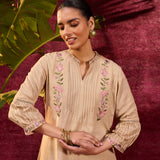 Utsav Beige Embroidered Viscose Linen Kurta for Women