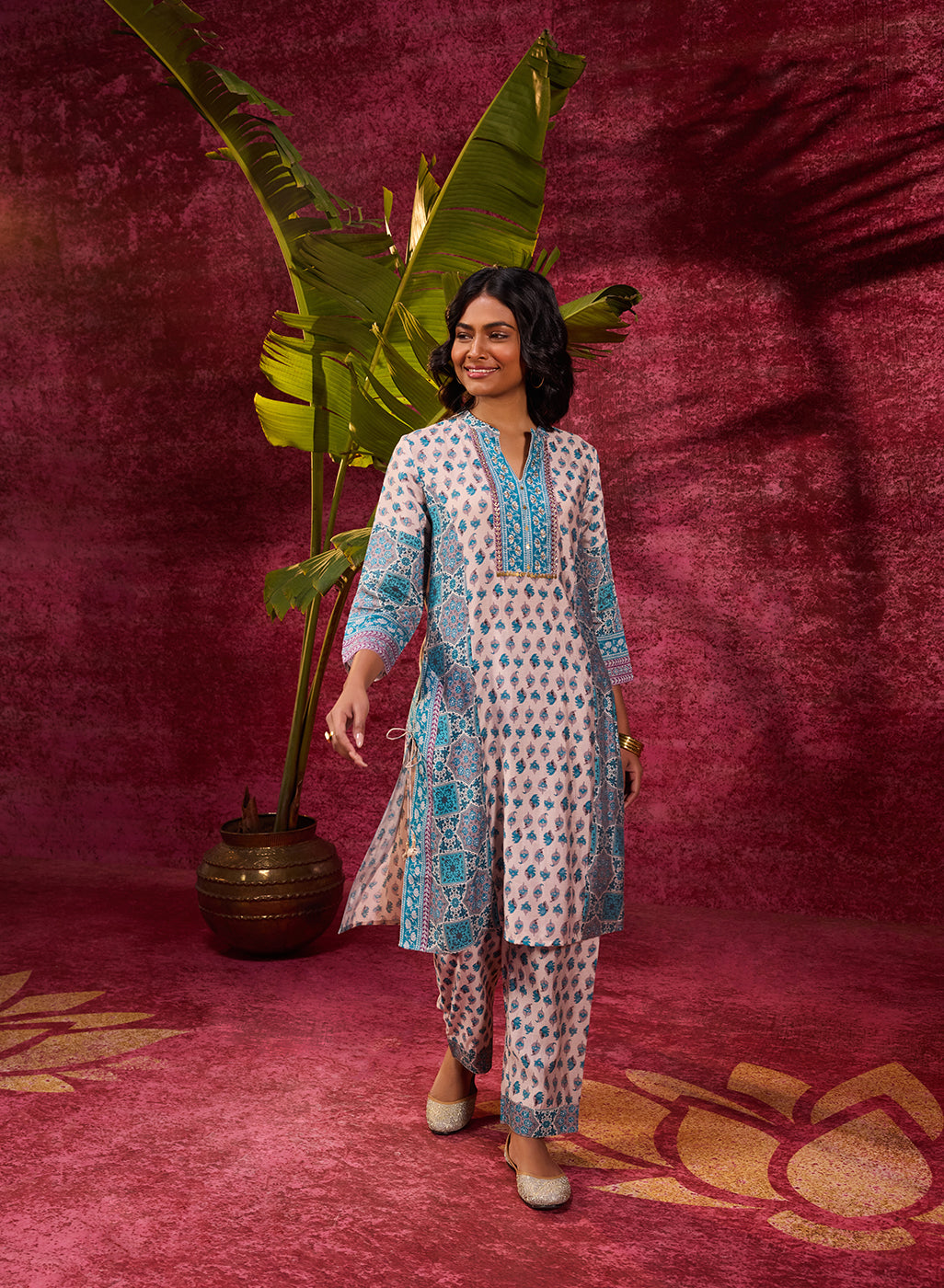 Front View of Apsara Teal Printed Cotton Silk Designer Kurta Set