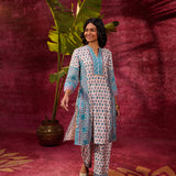 Front View of Apsara Teal Printed Cotton Silk Designer Kurta Set