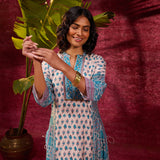 Apsara Teal Printed Cotton Silk Designer Kurta Set With Mandarin Collar & Sleek Straight Silhouette