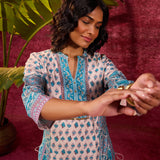 Apsara Teal Printed Cotton Silk Designer Kurta Set From Lakshita