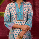 Apsara Teal Printed Cotton Silk Designer Kurta Set With Enhancing Tie-up Details