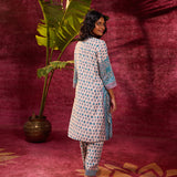 Back View of Apsara Teal Printed Cotton Silk Designer Kurta Set