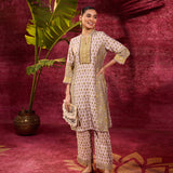 Front View of Apsara Moss Green Printed Cotton Silk Designer Kurta Set