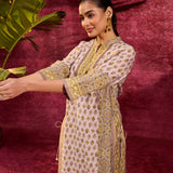 Apsara Moss Green Printed Cotton Silk Designer Kurta Set With Mandarin Collar & Sleek Straight Silhouette