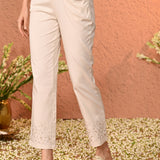 Fiora Ivory Embroidered Straight Fit Pants for Women