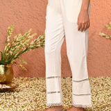 Ira White Embroidered Relaxed Fit Palazzo Pants for Women