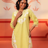 Front view of Shehwar Salmon Apple Green Embroidered Cotton Linen Co-Ord Set's top