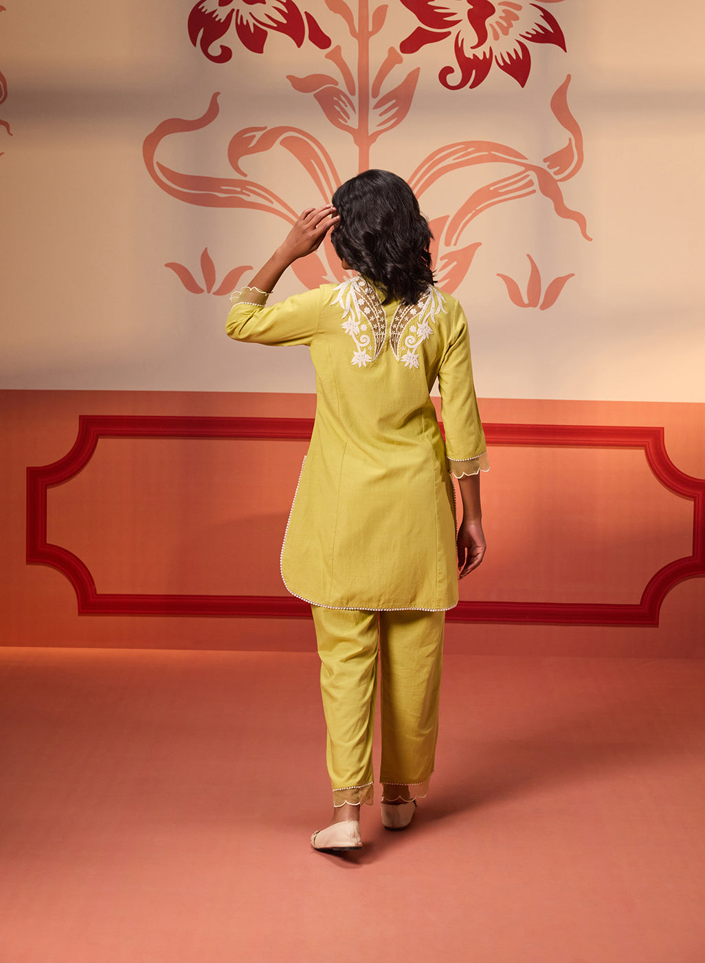 Back view of Shehwar Salmon Apple Green Embroidered Cotton Linen Co-Ord Set