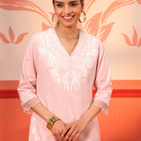 Shehwar Salmon Pink Embroidered Cotton Linen Co-Ord Set For Women