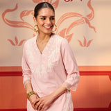 Shehwar Salmon Pink Embroidered Cotton Linen Co-Ord Set For Women