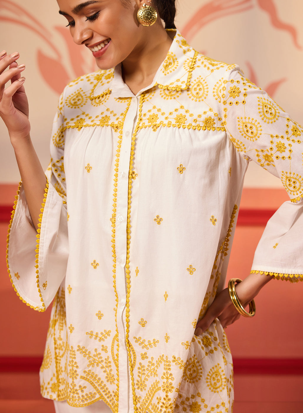 Close-up view of Masakali Ivory with a Yellow Embroidered Schiffli Shirt