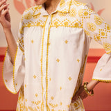 Close-up view of Masakali Ivory with a Yellow Embroidered Schiffli Shirt