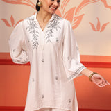 Woman wearing Niya Ivory Embroidered Cotton Linen Slub Long Top