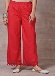 Red Flared Palazzo with Hem Cut Work - Lakshita