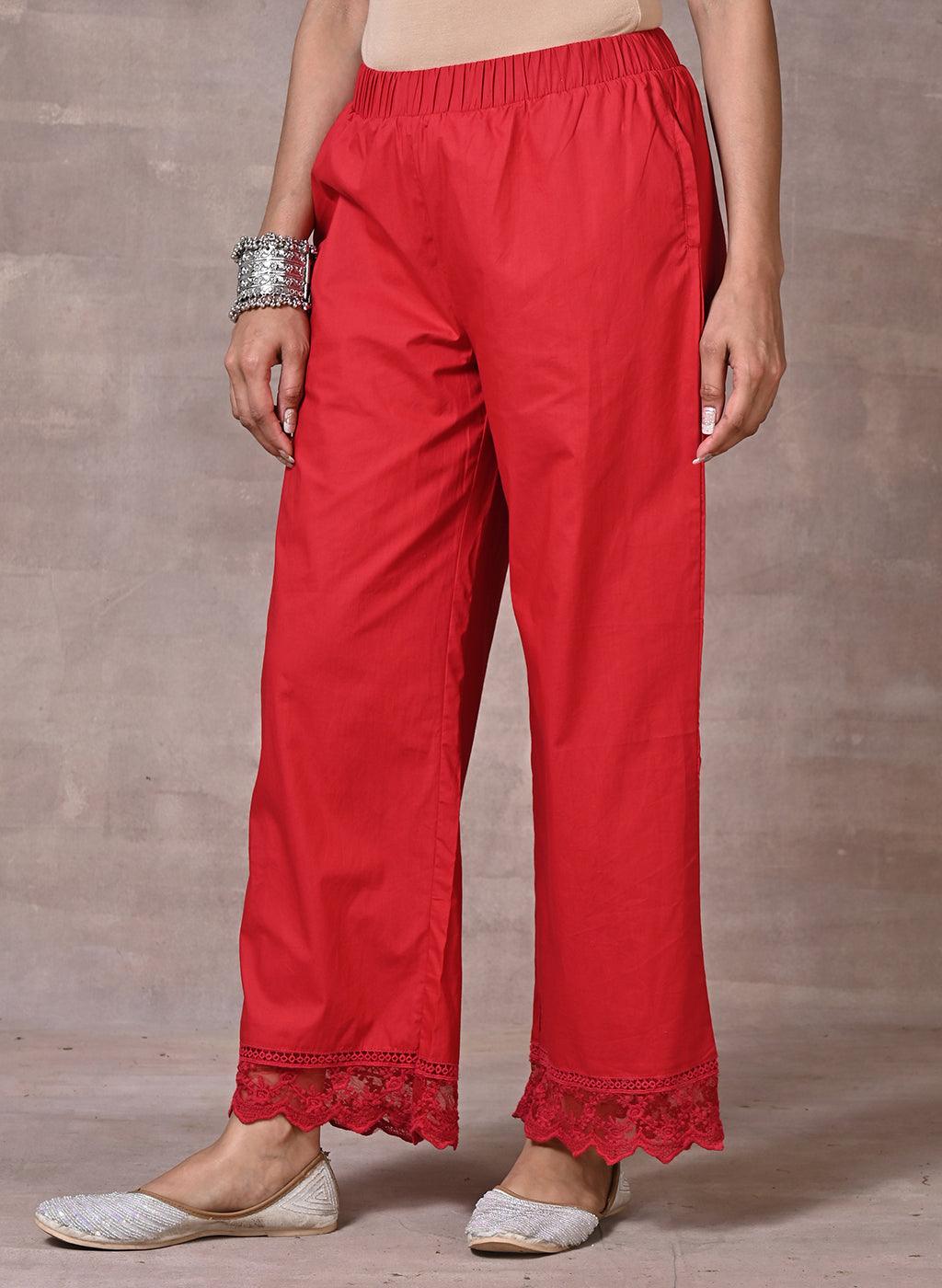 Red Flared Palazzo with Hem Cut Work - Lakshita